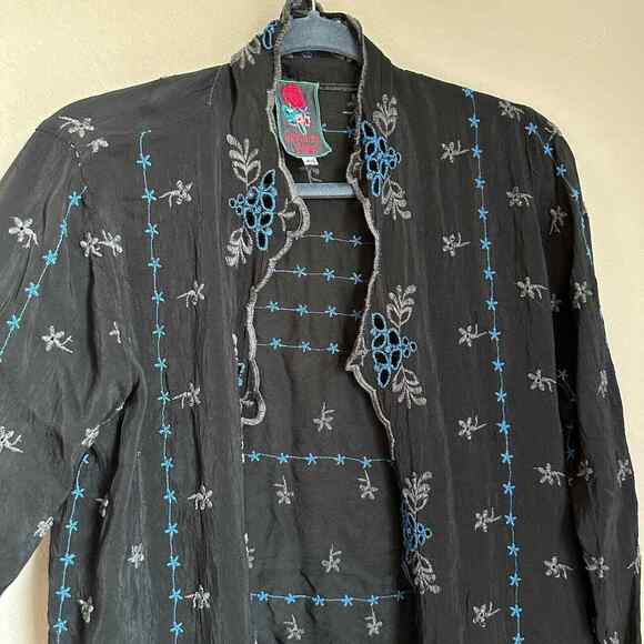 Johnny Was Open Front Embroidered Cardigan Sheer Black Blue Floral High Low Hem - Picture 4 of 10